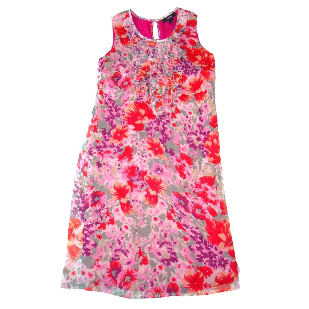 Alfani Womens Red Pink Purple Floral Ruffle Neck Chiffon Shift Dress‎ Size 4